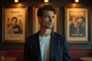 Jeune acteur français prometteur en blazer marine dans un hall de cinéma parisien vintage, regard confiant et naturel