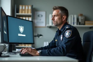 Agent de police face à un message d'erreur d'accès sur eCampus Police, assis devant son ordinateur de bureau dans un bureau administratif