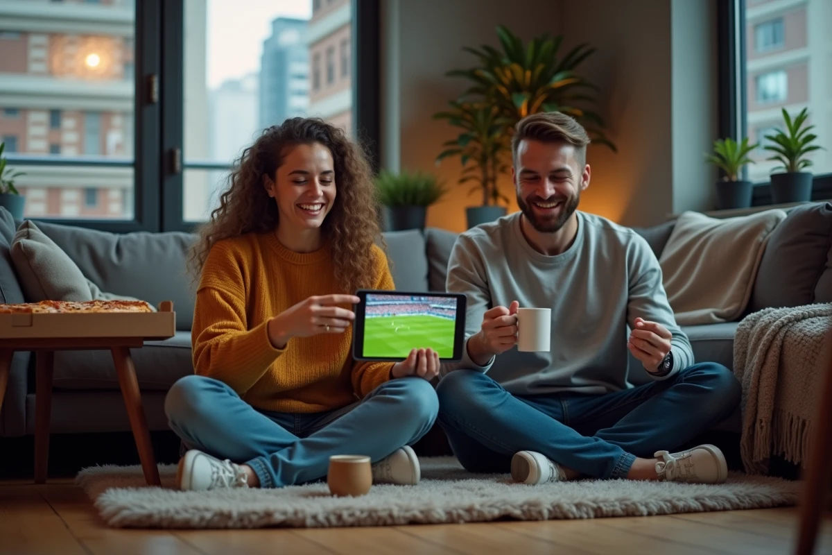 Deux amis regardant un match de football sur une tablette dans le salon