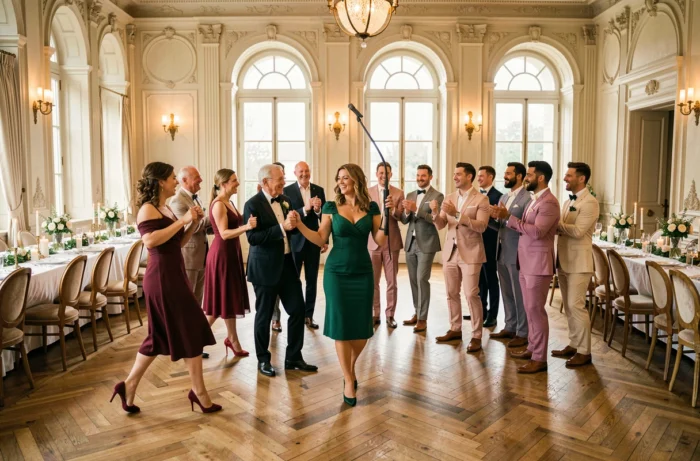 Animatrice de mariage dirigeant une danse collective joyeuse sur la piste d'un château élégant avec des invités de tous âges