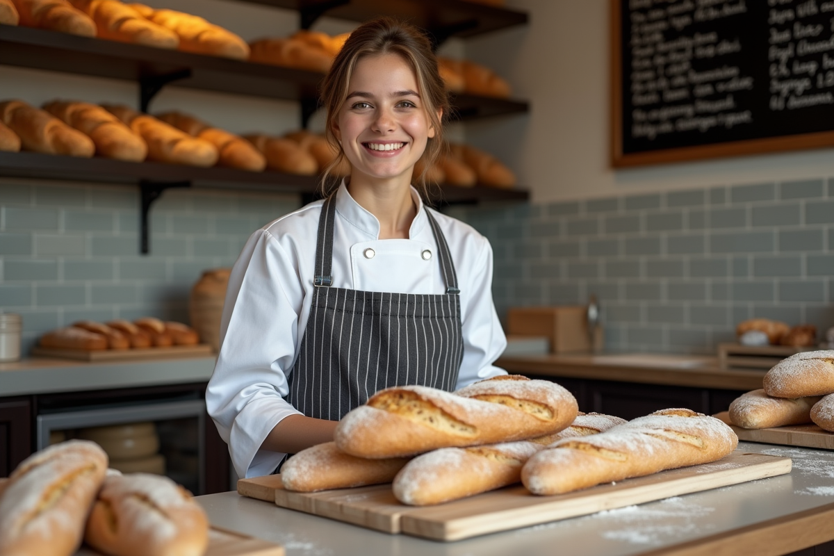 Jeune apprentie boulangere souriante avec baguettes artisanales