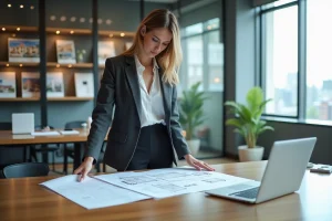 Femme professionnelle examinant des plans immobiliers