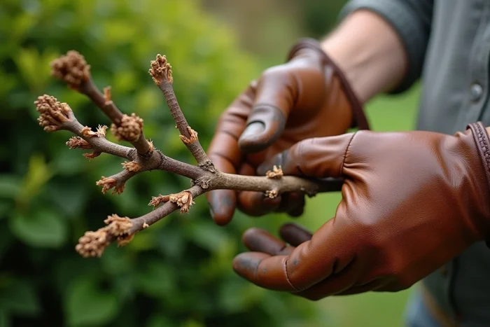 Mains de jardinier tenant une branche sèche d'arbre à papillon sans boutons floraux développés