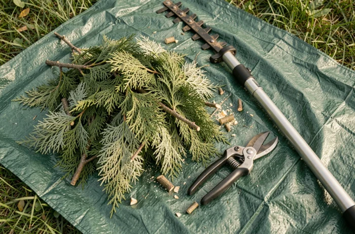Gros plan de branches de thuyas fraîchement taillées avec des outils de jardinage sur une bâche verte