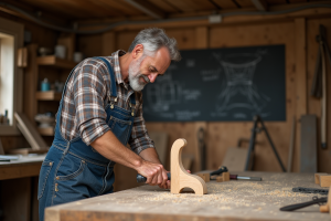 Charpentier en denim sculptant une jambe de chaise en bois