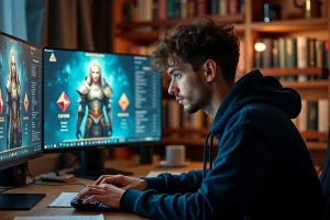 Joueur de MMORPG concentré devant son écran choisissant un métier sur Dofus Retro en 2024