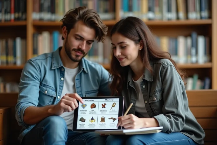 Deux joueurs comparant les métiers disponibles sur Dofus Retro dans une bibliothèque universitaire