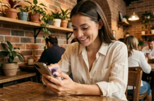 Femme confirmant sa venue à un événement via smartphone dans un café chaleureux