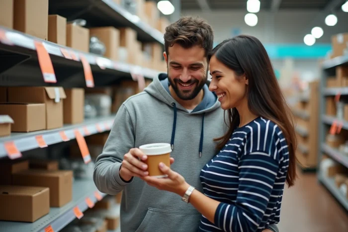 Couple examinant des articles en promotion lors d'une vente de liquidation avant fermeture de magasin