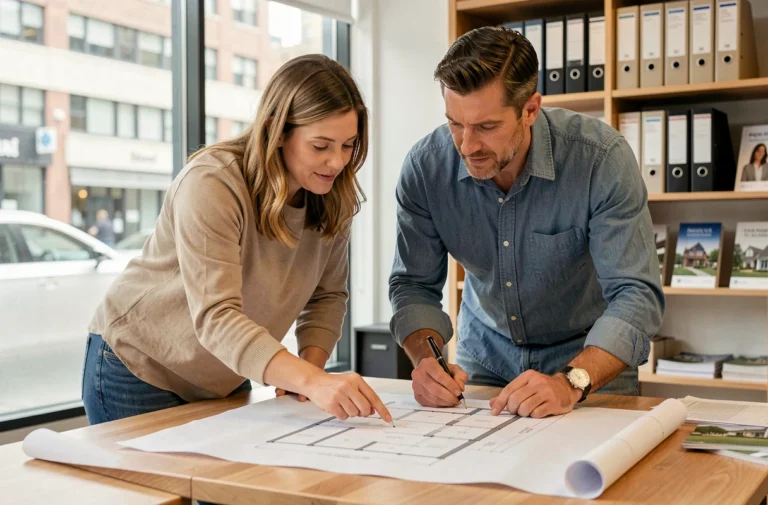Couple examinant des plans immobiliers avec un conseiller dans une agence moderne pour préparer leur projet d'achat