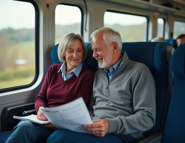 Couple de seniors en voyage dans un TGV SNCF avec leur itinéraire de voyage
