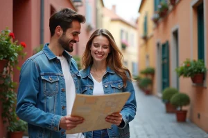 Jeune couple souriant avec carte devant rue colorée