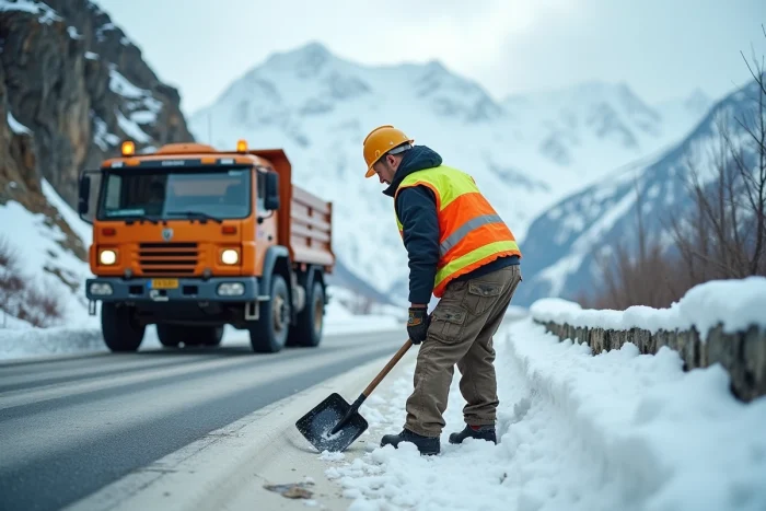 Agent de déneigement travaillant à l'ouverture du col du Petit Saint-Bernard avec un chasse-neige en montagne