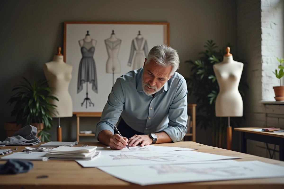 Designer mode homme esquissant des patrons dans un studio créatif