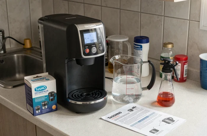 Kit de détartrage posé à côté d'une machine Tassimo pour résoudre le problème de café trop court