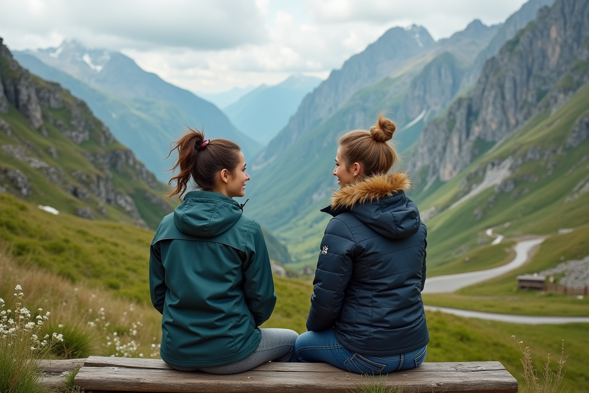 Deux femmes discutant en pleine nature avec paysage montagneux