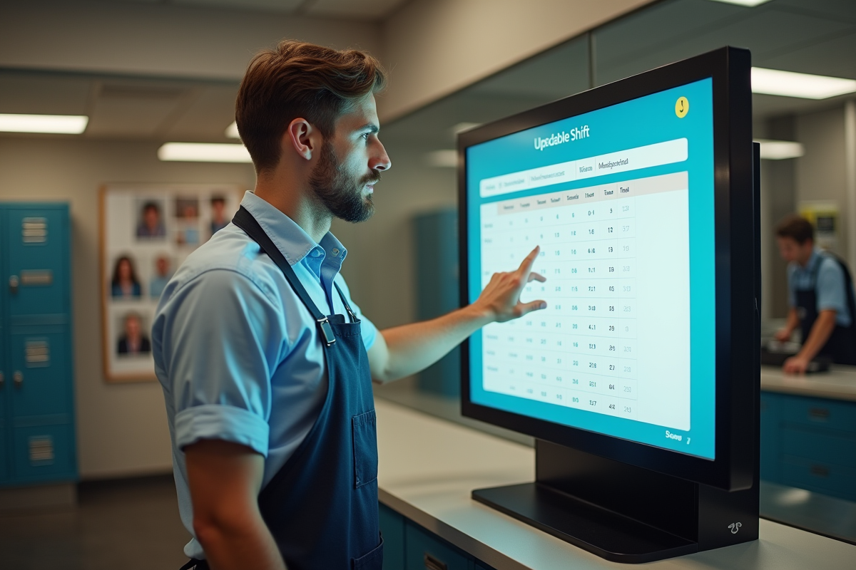 Jeune employé modifiant planning sur un kiosque digital