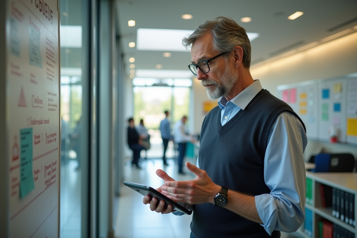 Enseignant vérifiant des messages sur une tablette dans la salle du personnel