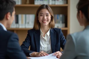 Jeune femme en entretien d'admission à l'ENSAMAA face à un jury de professionnels dans un bureau académique