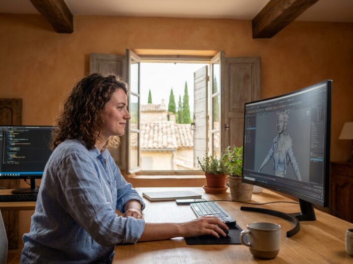 Étudiante en animation 3D travaillant sur un logiciel de modélisation dans un studio au caractère méditerranéen dans le Sud de la France