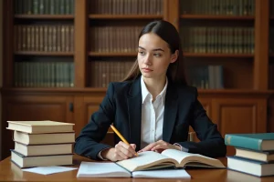 Étudiante en droit consultant un code civil dans une bibliothèque universitaire, préparant son parcours pour devenir notaire après un bac STMG