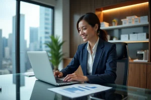 Femme d'affaires en costume bleu analysant des graphiques numériques