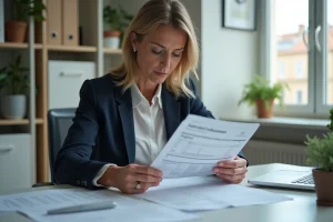 Femme d affaires française examine documents fiscaux