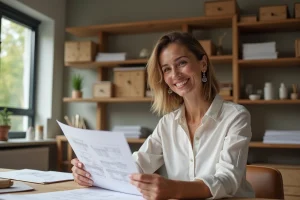 Femme souriante dans un bureau moderne examinant des esquisses architecturales