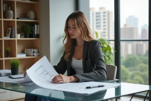 Femme d'affaires examinant des plans architecturaux dans un bureau moderne