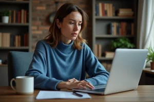 Femme concentrée sur son ordinateur dans un bureau cosy
