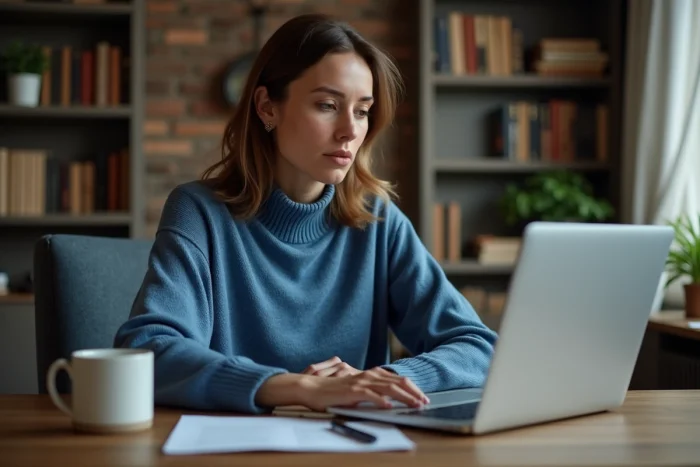 Femme concentrée sur son ordinateur dans un bureau cosy