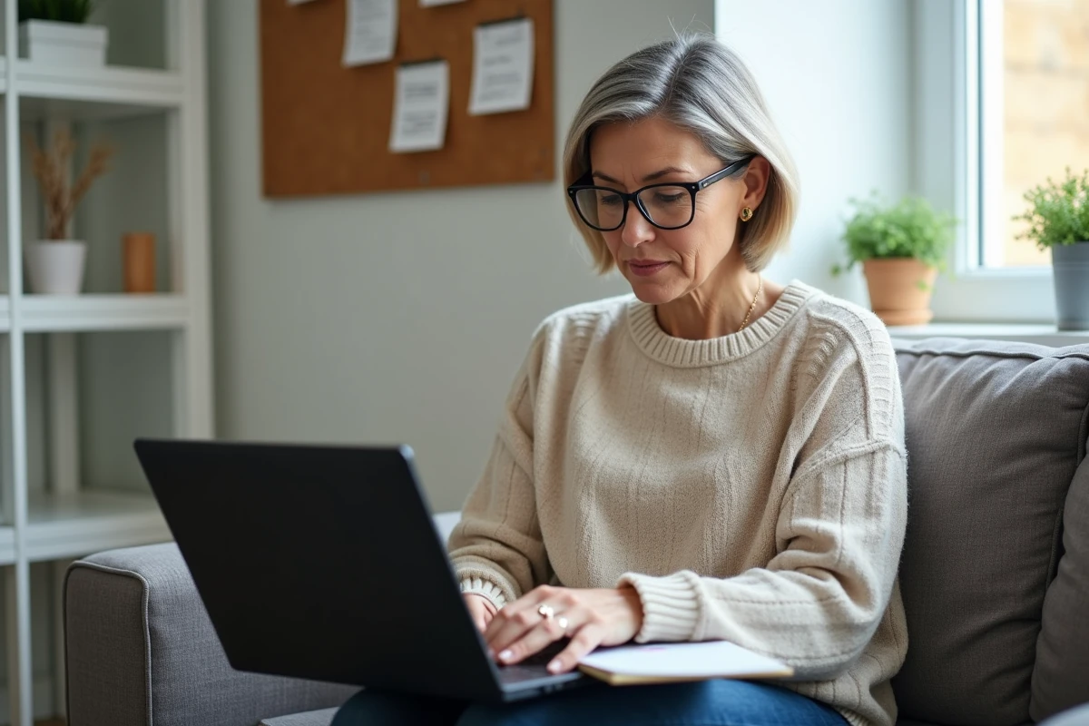 Femme réfléchissant dans un coin bureau avec ordinateur et pense-bête