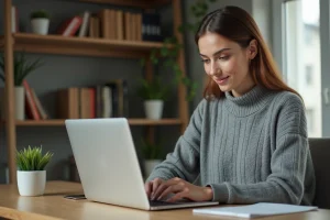 Femme consultant ses quittances de loyer sur My Foncia depuis un ordinateur portable à la maison