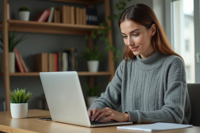 Femme consultant ses quittances de loyer sur My Foncia depuis un ordinateur portable à la maison