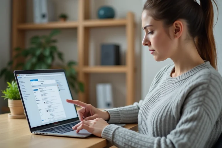Femme consultant le plan d'un site e-commerce sur un ordinateur portable dans un bureau à domicile