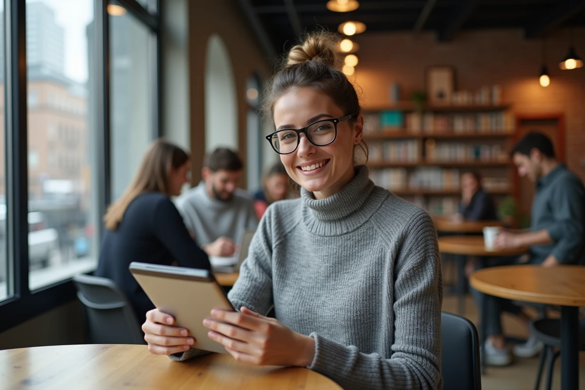 Femme au coworking urbain utilisant une tablette