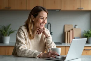 Femme souriante dans une cuisine moderne et chaleureuse