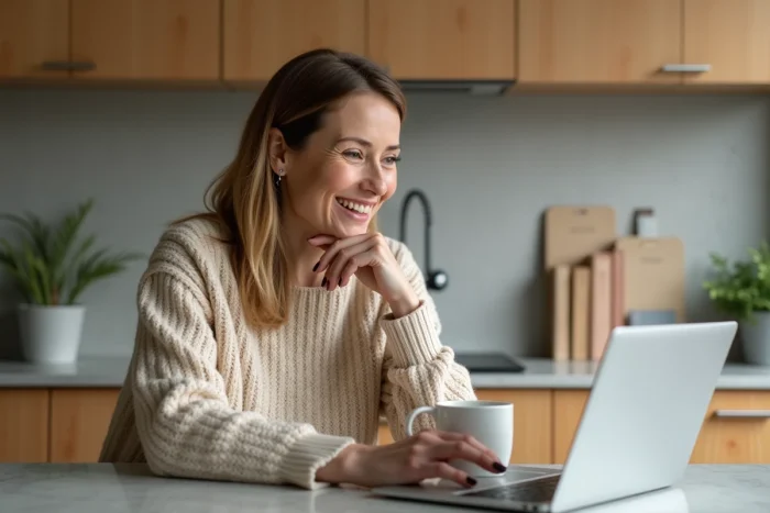 Femme souriante dans une cuisine moderne et chaleureuse