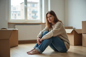 Femme d'âge moyen assise sur le sol dans un appartement en déménagement