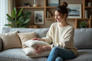 Femme arrangeant des coussins sur un canapé moderne dans un salon chaleureux