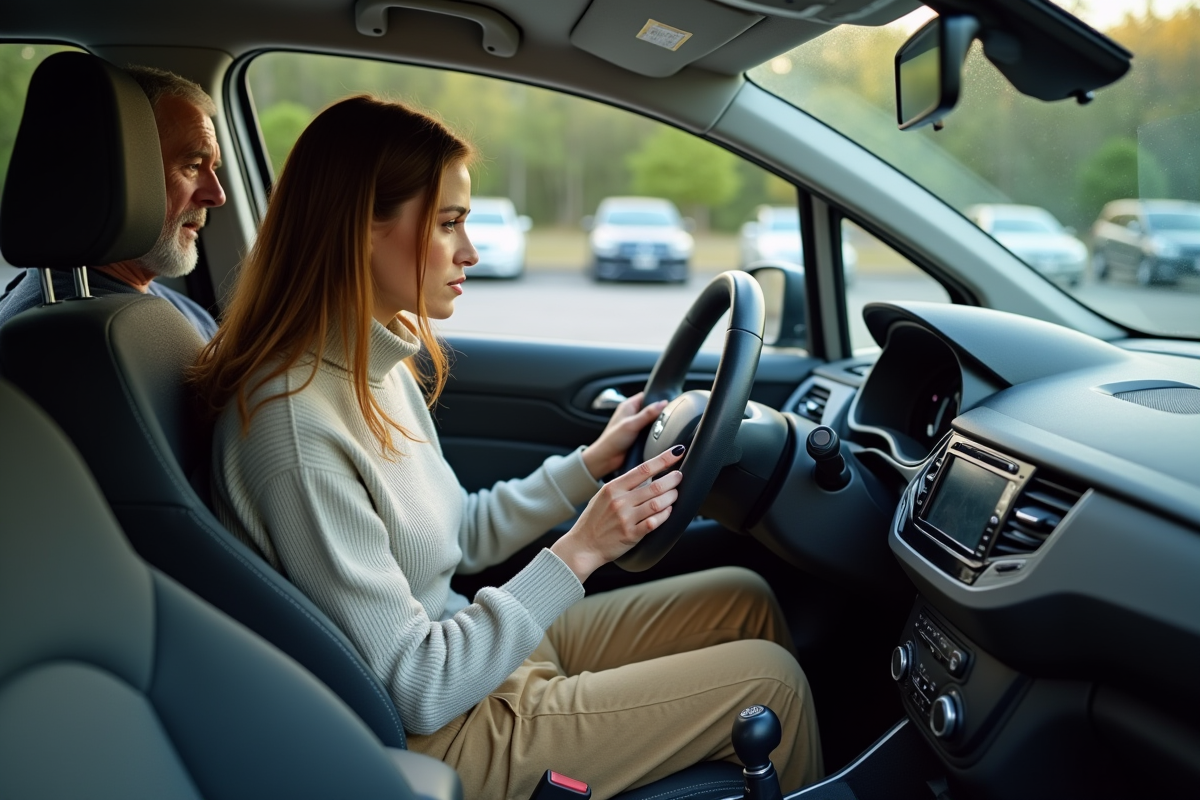 Jeune femme inspectant le tableau de bord d