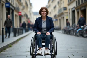 Femme en fauteuil roulant naviguant sur un trottoir urbain en France, illustrant les défis de mobilité réduite en ville