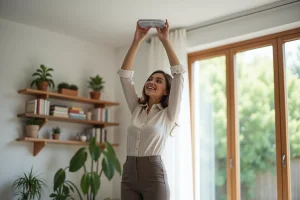 Jeune femme ajuste un deterrent insecte dans un salon moderne