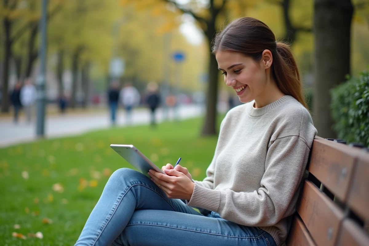 Jeune femme lisant sur une tablette dans un parc urbain