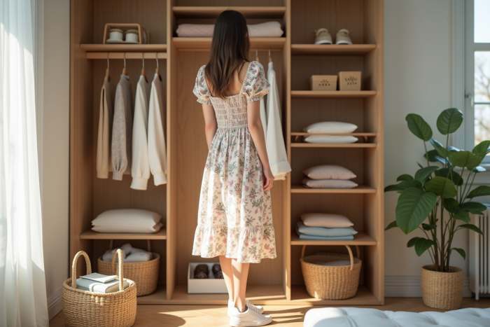 Femme en robe florale dans une chambre lumineuse