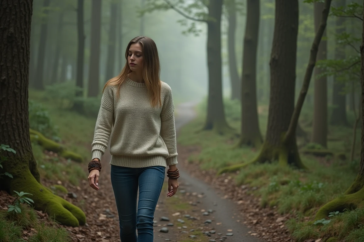 Jeune femme marche dans la forêt avec douceur