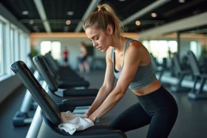 Jeune femme essuie un appareil de sport dans une salle de gym moderne
