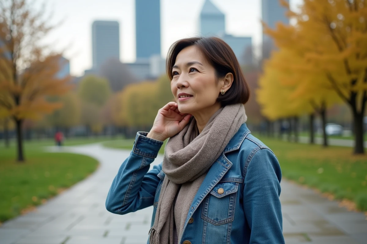 Femme en denim dans un parc urbain avec skyline en arrière-plan