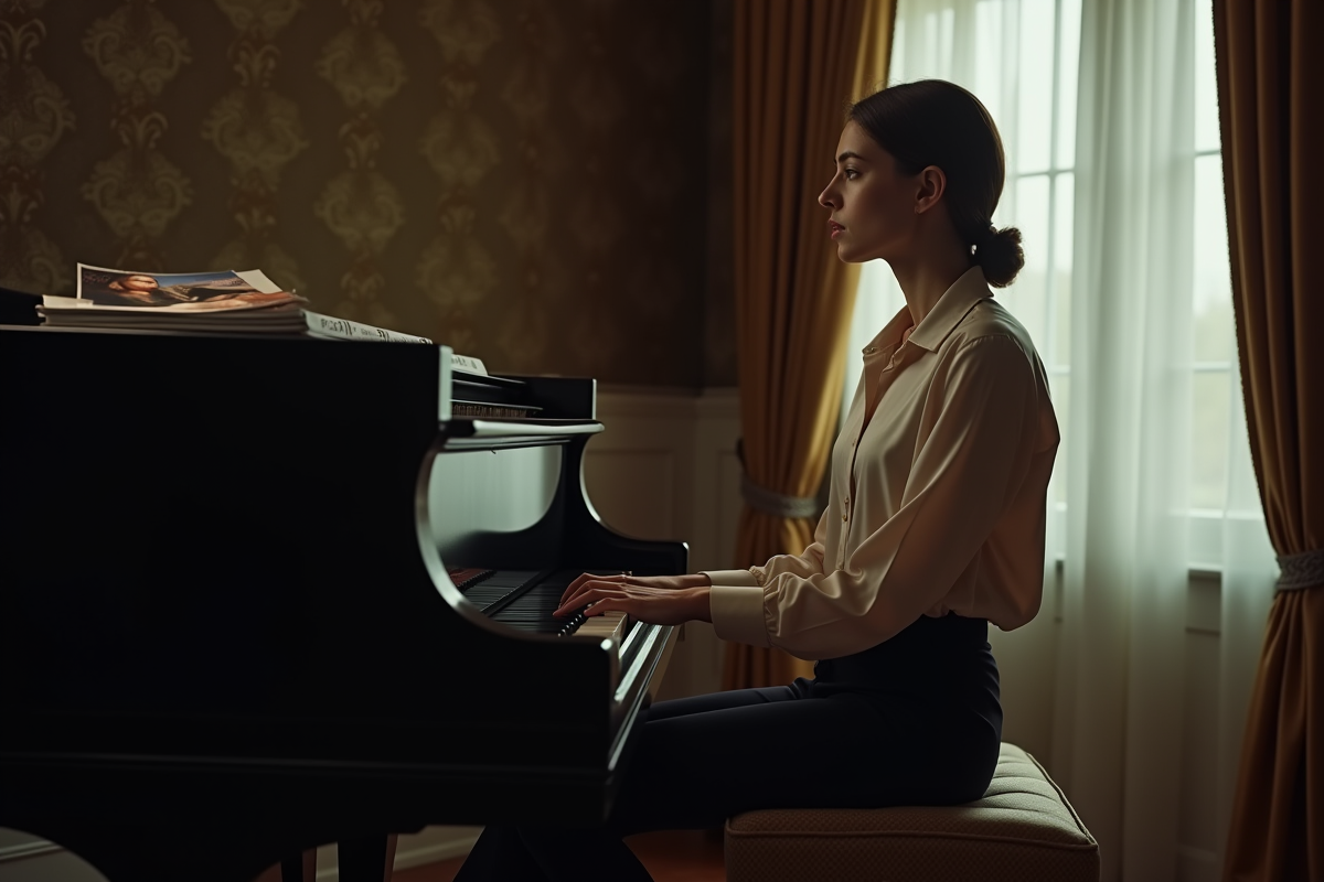 Jeune femme assise près d’un piano dans un salon chic et sombre