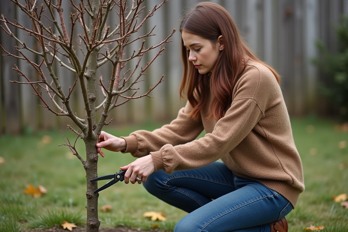 Femme prunant mimosa avec secateurs dans jardin rural